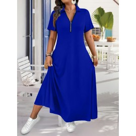 Elegant Plus Size French-Inspired Summer Dress • Waist-Cinching • Short Sleeves • Zipper Detail • Solid Color • Pockets • Flowy Skirt