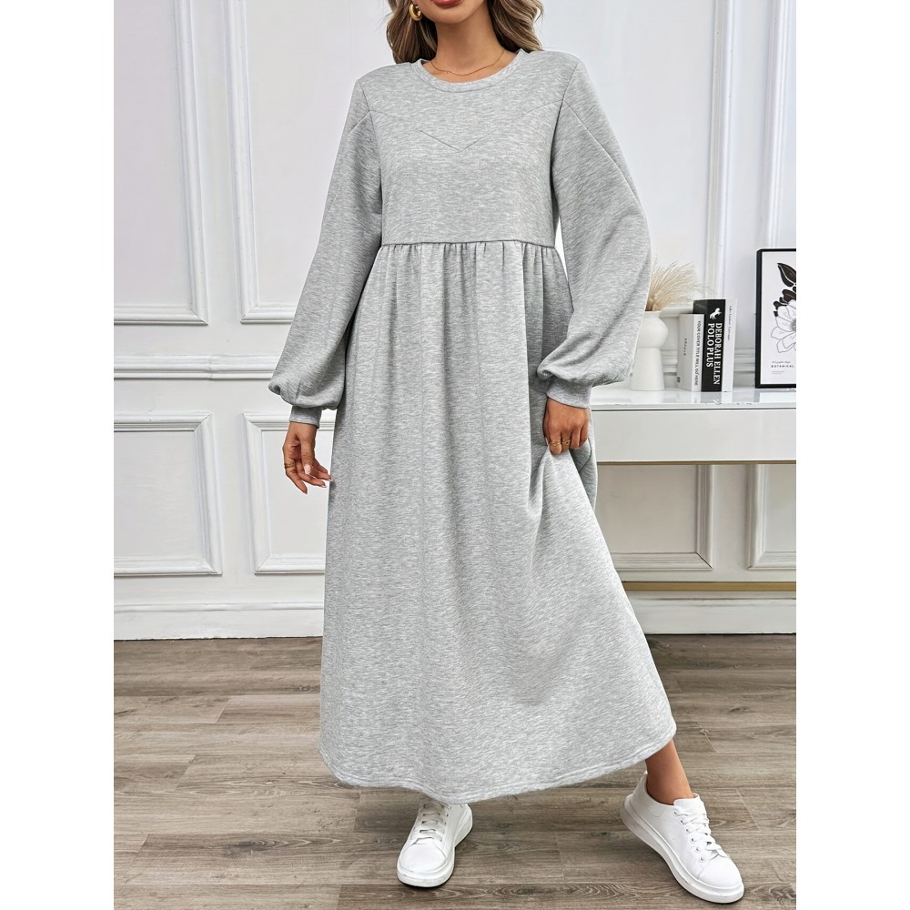 Plus Size - Women'S Casual Long Sleeve Dress - Light Gray, Loose Fit, Round Neck, Mid-Length, All-Season Comfort, Perfect for Weekend Outings, Casual Outing Attire | Relaxed Fit Dress | Comfortable Footwear