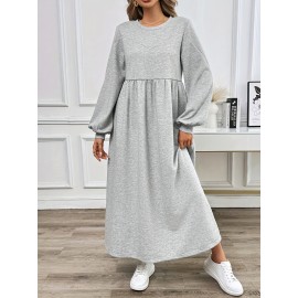 Plus Size - Women'S Casual Long Sleeve Dress - Light Gray, Loose Fit, Round Neck, Mid-Length, All-Season Comfort, Perfect for Weekend Outings, Casual Outing Attire | Relaxed Fit Dress | Comfortable Footwear