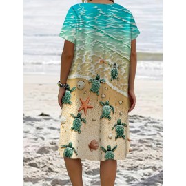 Plus Size Women's Tropical Marine Life Print Casual Dress - Soft Breathable Fabric, Loose Fit with Pockets, Vibrant Starfish & Turtle Design, Machine Washable for Spring Summer Fall Beach Outings, Beach Dress, Summer Outfit, Relaxed Fit