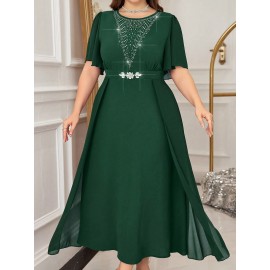 Plus Size - 2025 New Plus-Size Women'S Summer Dress with a Waist-Cinching Design That Flatters The Figure, Elegantly Concealing The Belly, Featuring a Stylish Faux Two-Piece A-Line Silhouette.