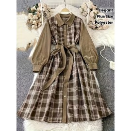 [Elegant Plaid Dress] Plus Size Elegant Women's Plaid Long Sleeve Dress | Brown & Beige Checkered Pattern, Contrast Collar, Button-Up Front, Flowy A-Line Silhouette - Perfect for Spring/Fall Casual or Formal Occasions, Polyester Fabric