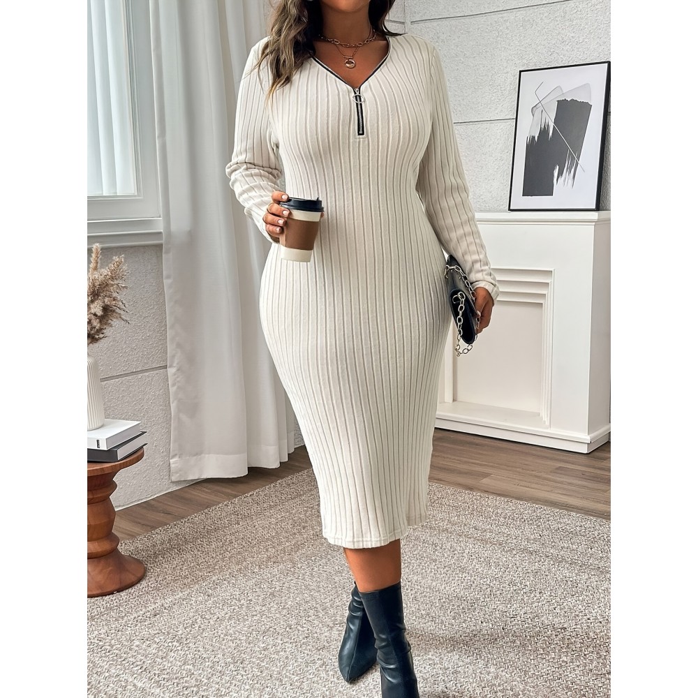 Plus Size, Plus Size Women's Solid Color Long Sleeve Midi Dress