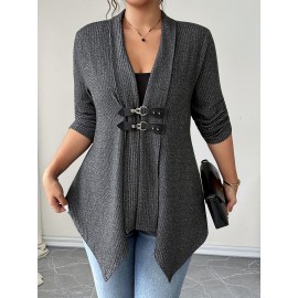 [Plus Size Cardigan] Plus Size - Women's Elegant Casual Cardigan - Long Sleeve, Asymmetrical Hem, Button- Front, Button Closure, Medium Stretch, Solid Color, Perfect for Fall/Winter, Casual Wear Cardigan | Asymmetrical Hemline | Button Closure Coat