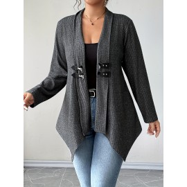 [Plus Size Cardigan] Plus Size - Women's Elegant Casual Cardigan - Long Sleeve, Asymmetrical Hem, Button- Front, Button Closure, Medium Stretch, Solid Color, Perfect for Fall/Winter, Casual Wear Cardigan | Asymmetrical Hemline | Button Closure Coat