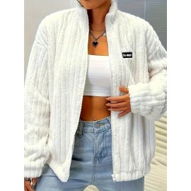 Plus Size, Plus Size Women's Elegant Casual Double-Faced Fleece-Lined Jacket with Ribbed Cuffs & High Neck, 100% Polyester Machine-Washable All-Season Outerwear, Black