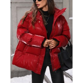 Plus Size - Plus Size Women'S Elegant Hooded Winter Coat - Warm Zip-Up Jacket with Long Sleeves, Solid Color Regular Fit for Cold Weather, Stylish Outdoor & Casual Wear, Winter Coats, Cold Weather Apparel, Sleek Design, Structured Design