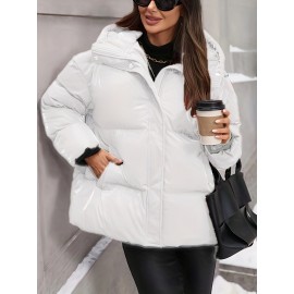 Plus Size - Plus Size Women'S Elegant Hooded Winter Coat - Warm Zip-Up Jacket with Long Sleeves, Solid Color Regular Fit for Cold Weather, Stylish Outdoor & Casual Wear, Winter Coats, Cold Weather Apparel, Sleek Design, Structured Design
