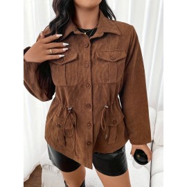 Plus Size, French Elegant Drawstring Waist Women's Plus Size Jacket with Turn- Collar Long Sleeve Pocket Casual Solid Color Blazer