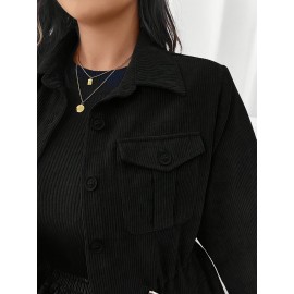 Plus Size, French Elegant Drawstring Waist Women's Plus Size Jacket with Turn- Collar Long Sleeve Pocket Casual Solid Color Blazer