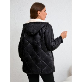 Plus Size, Plus Size Women's Elegant Winter Hooded Coat - Thickened Warm Long Sleeve Black Jacket with White Lining, Machine Washable Regular Fit for Casual & Formal Outfits