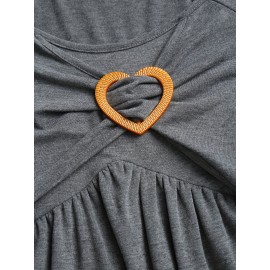 Women'S Elegant Long Sleeve Top with Heart Detail - Casual, Layered, Round Neck, Solid Color, Perfect for Spring and Fall, Casual Attire|Heart Detail Top|Layered Design