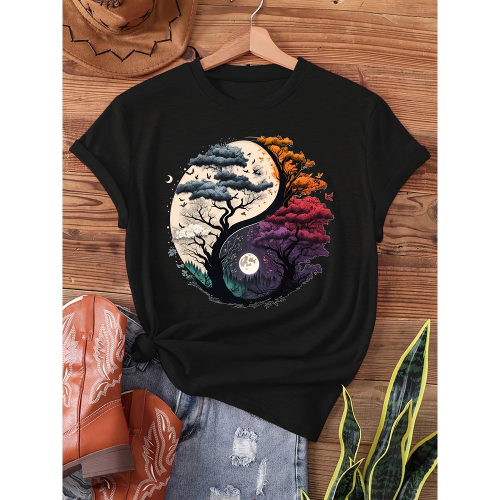 [Season Versatile] Women's Yin Yang Tree of Life Graphic T-Shirt - Short Sleeve Crew Neck, Dark Gray with Colorful Night Sky Design, Casual Summer & Spring Top, Casual Wear Top|Tree Of Life Design|Smooth Texture Shirt