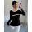 Women'S Elegant Casual Long Sleeve T-Shirt - Slim Fit, Round Neck, Solid Black with White Striped Detail, Stretchy Polyester Blend, Machine Washable, All-Season Comfort