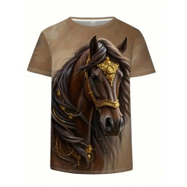 Women's Casual Elegant Horse Graphic T-Shirt - Short Sleeve Round Neck Summer Top with Majestic Black Horse & Golden Bridle Design, Machine Washable Regular Fit, Horse Shirt, Comfortable Pullover, Regal Aesthetic Apparel, Detailed Digital Print