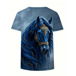 Women's Casual Elegant Horse Graphic T-Shirt - Short Sleeve Round Neck Summer Top with Majestic Black Horse & Golden Bridle Design, Machine Washable Regular Fit, Horse Shirt, Comfortable Pullover, Regal Aesthetic Apparel, Detailed Digital Print