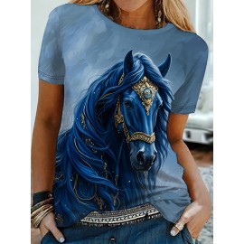 Women's Casual Elegant Horse Graphic T-Shirt - Short Sleeve Round Neck Summer Top with Majestic Black Horse & Golden Bridle Design, Machine Washable Regular Fit, Horse Shirt, Comfortable Pullover, Regal Aesthetic Apparel, Detailed Digital Print