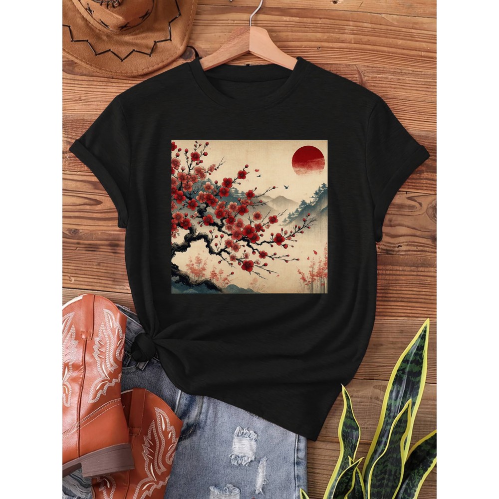 Women's Vintage Japanese Woodblock Print T-Shirt - Cherry Blossom & Red Sun Design, Semi-Sheer Short Sleeve Crew Neck Casual Top, Machine Washable for Spring & Summer, Breathable Fabric