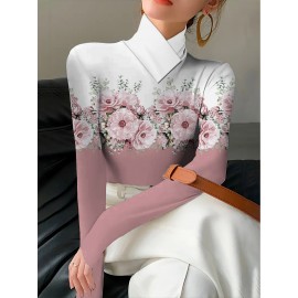 Women's Elegant Slim-Fit Long Sleeve Turtleneck Top with Floral Print - Soft Pink & White H-Line Silhouette Blouse, All-Season Machine Washable Shirt for Casual & Formal Wear