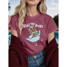 Women's Casual Short Sleeve T-Shirt - Read More Books Graphic Print with Piglets Like Doves Design, Soft Viscose Blend, Lightweight 180gsm, Maroon Book Lover Gift for Teachers & Readers, Machine Washable