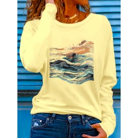 Women's West Coast Surf Gradient Tie-Dye Long Sleeve T-Shirt, Bright Yellow Crew Neck with Artistic Ocean Wave Print, Stretchy Polyester Blend, Casual Spring/Summer Sportswear, Machine Washable, Beach Wear