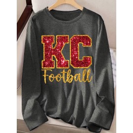 KC Football Long Sleeve Crew Neck T-Shirt - Casual, Alphabet Pattern, Regular Fit, Polyester Knit Fabric, All Seasons, No Belt, Long Sleeve, Regular Sleeve, No Chest Pad, Pullovers, Fabric Weight 180 g/m²
