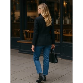 Women's Professional Blazer - Elegant Black & Golden button-front Jacket, Structured H-Silhouette for Office, Formal Events, Everyday - Machine Washable Non-Stretch Blazer Coat