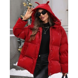 Plus Size - Plus Size Women'S Elegant Hooded Winter Coat - Warm Zip-Up Jacket with Long Sleeves, Solid Color Regular Fit for Cold Weather, Stylish Outdoor & Casual Wear, Winter Coats, Cold Weather Apparel, Sleek Design, Structured Design