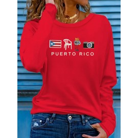 [Stretchy Puerto Rico T-Shirt] Stretchy Polyester Women's Puerto Rico Flag Cartoon Frog Graphic Long Sleeve T-Shirt | Casual Round Neck Top for Spring & Summer Vacation, Machine Washable, Playful Design