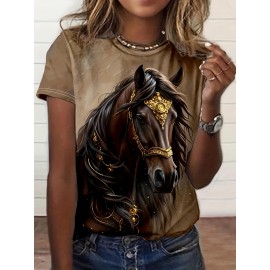 Women's Casual Elegant Horse Graphic T-Shirt - Short Sleeve Round Neck Summer Top with Majestic Black Horse & Golden Bridle Design, Machine Washable Regular Fit, Horse Shirt, Comfortable Pullover, Regal Aesthetic Apparel, Detailed Digital Print