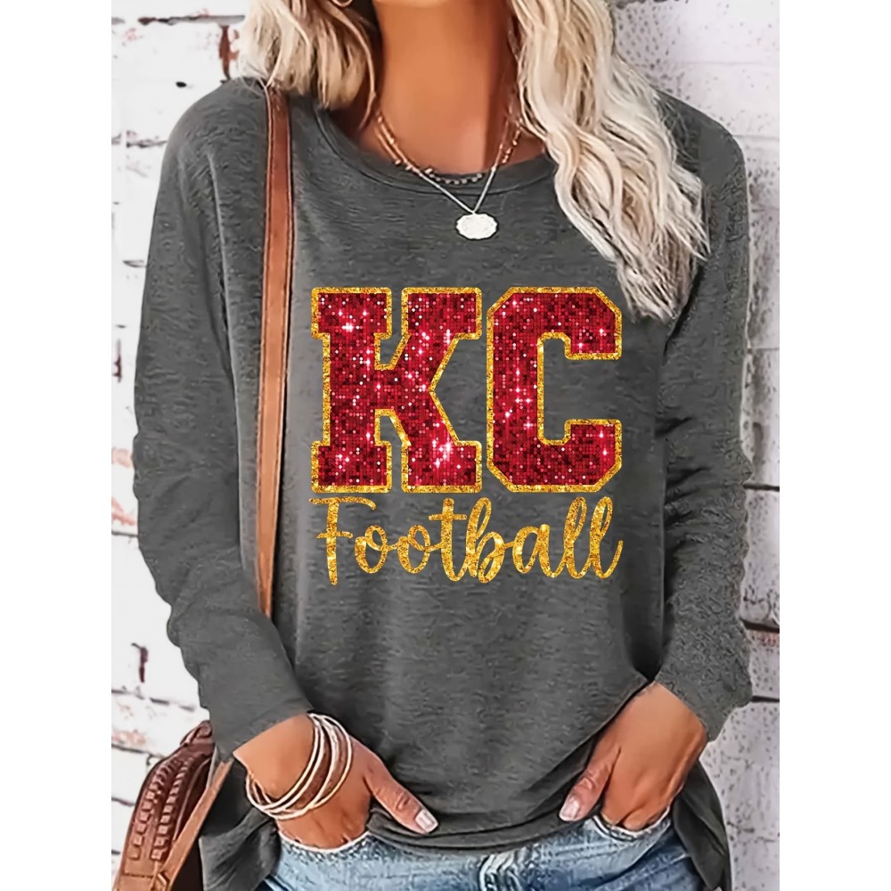 KC Football Long Sleeve Crew Neck T-Shirt - Casual, Alphabet Pattern, Regular Fit, Polyester Knit Fabric, All Seasons, No Belt, Long Sleeve, Regular Sleeve, No Chest Pad, Pullovers, Fabric Weight 180 g/m²